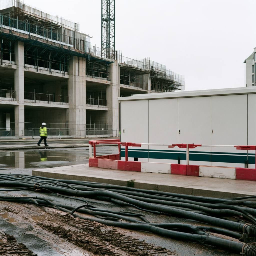 Illustrative construction site with a containerised battery unit and cabling.