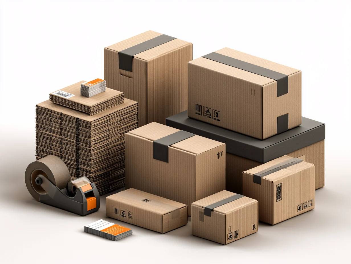Illustration of stacked cardboard boxes, flat-packed cartons and a tape dispenser.